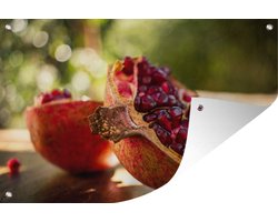 Tuinposter 180x120 cm - Tuindecoratie Granaatappel - Picknicktafel - Lente - Poster voor in de tuin - Buiten decoratie - Schutting tuinschilderij - Tuindoek muurdecoratie - Wanddecoratie balkondoek