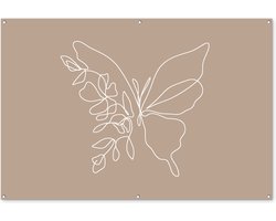 Tuinposter 180x120 cm - Tuindecoratie - Line Art - Vlinder - Bloemen - Vlinders - Taupe - Muurdecoratie voor buiten - Schutting decoratie - Tuin accessoires - Tuindoek - Buitenposter