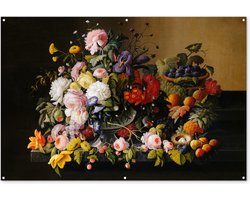 Tuinposter 180x120 cm - Tuindecoratie Stilleven met bloemen en fruit - Kunstwerk - Oude meesters - Poster voor in de tuin - Buiten decoratie - Schutting tuinschilderij - Tuindoek muurdecoratie - Wanddecoratie balkondoek