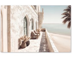 Tuinposter 180x120 cm - Tuindecoratie Terras - Stoelen - Strand - Beige - Poster voor in de tuin - Buiten decoratie - Schutting tuinschilderij - Tuindoek muurdecoratie - Wanddecoratie balkondoek