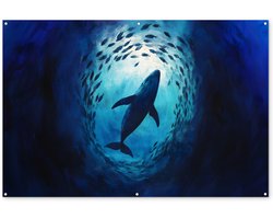 Tuinposter 180x120 cm - Tuindecoratie Walvis - Vissen - Donkerblauw - Poster voor in de tuin - Buiten decoratie - Schutting tuinschilderij - Tuindoek muurdecoratie - Wanddecoratie balkondoek