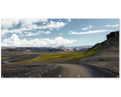 Tuinposter 200x100 cm - Tuindecoratie De weg naar de Eyjafjallajökull vulkaan in IJsland - Poster voor in de tuin - Buiten decoratie - Schutting tuinschilderij - Tuindoek muurdecoratie - Wanddecoratie balkondoek