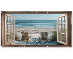 Tuinposter 200x100 cm - Tuindecoratie Doorkijk - Strandstoelen - Duinen - Zee - Natuur - Poster voor in de tuin - Buiten decoratie - Schutting tuinschilderij - Tuindoek muurdecoratie - Wanddecoratie balkondoek