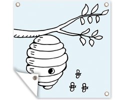 Tuinposter 200x200 cm - Tuindecoratie Cartoonachtige illustratie van bijen en een bijenkorf - Poster voor in de tuin - Buiten decoratie - Schutting tuinschilderij - Tuindoek muurdecoratie - Wanddecoratie balkondoek