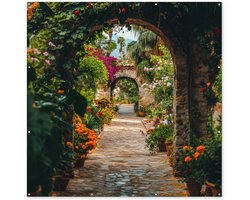 Tuinposter 200x200 cm - Tuindecoratie Doorkijk - Bloemen - Poort - Stenen - Poster voor in de tuin - Buiten decoratie - Schutting tuinschilderij - Tuindoek muurdecoratie - Wanddecoratie balkondoek