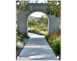 Tuinposter 30x40 cm - Tuindecoratie Doorkijk - Pad - Beton - Landschap - Poster voor in de tuin - Buiten decoratie - Schutting tuinschilderij - Tuindoek muurdecoratie - Wanddecoratie balkondoek