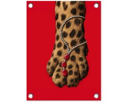 Tuinposter 30x40 cm - Tuindecoratie Poot - Luipaard - Ketting - Edelstenen - Poster voor in de tuin - Buiten decoratie - Schutting tuinschilderij - Tuindoek muurdecoratie - Wanddecoratie balkondoek