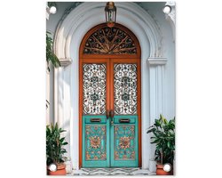 Tuinposter 30x40 cm - Tuindecoratie Zuilen - Sierlijke - Deur - Blauw - Poster voor in de tuin - Buiten decoratie - Schutting tuinschilderij - Tuindoek muurdecoratie - Wanddecoratie balkondoek