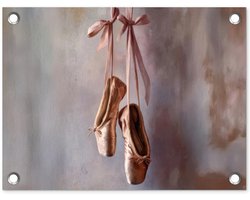 Tuinposter 40x30 cm - Tuindecoratie Balletschoenen - Satijn - Aardetinten - Poster voor in de tuin - Buiten decoratie - Schutting tuinschilderij - Tuindoek muurdecoratie - Wanddecoratie balkondoek