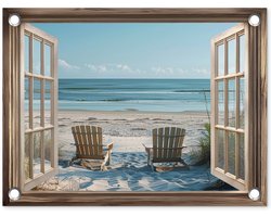 Tuinposter 40x30 cm - Tuindecoratie Doorkijk - Strandstoelen - Duinen - Zee - Natuur - Poster voor in de tuin - Buiten decoratie - Schutting tuinschilderij - Tuindoek muurdecoratie - Wanddecoratie balkondoek