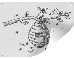 Tuinposter 40x30 cm - Tuindecoratie Een zwart-wit illustratie van een bijenkorf aan een tak - Poster voor in de tuin - Buiten decoratie - Schutting tuinschilderij - Tuindoek muurdecoratie - Wanddecoratie balkondoek