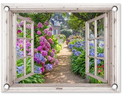 Tuinposter 40x30 cm - Tuindecoratie Hortensia - Doorkijk - Bloemen - Zomer - Paars - Pad - Poster voor in de tuin - Buiten decoratie - Schutting tuinschilderij - Tuindoek muurdecoratie - Wanddecoratie balkondoek