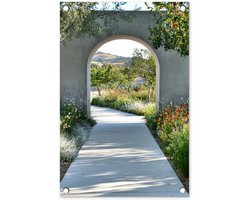 Tuinposter 40x60 cm - Tuindecoratie Doorkijk - Pad - Beton - Landschap - Poster voor in de tuin - Buiten decoratie - Schutting tuinschilderij - Tuindoek muurdecoratie - Wanddecoratie balkondoek