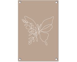Tuinposter 40x60 cm - Tuindecoratie - Line Art - Vlinder - Bloemen - Vlinders - Taupe - Muurdecoratie voor buiten - Schutting decoratie - Tuin accessoires - Tuindoek - Buitenposter