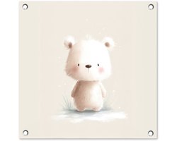 Tuinposter 50x50 cm - Tuindecoratie Beertje - Sneeuwvlokje - Wit - Pluizig - Poster voor in de tuin - Buiten decoratie - Schutting tuinschilderij - Tuindoek muurdecoratie - Wanddecoratie balkondoek