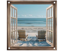 Tuinposter 50x50 cm - Tuindecoratie Doorkijk - Strandstoelen - Duinen - Zee - Natuur - Poster voor in de tuin - Buiten decoratie - Schutting tuinschilderij - Tuindoek muurdecoratie - Wanddecoratie balkondoek