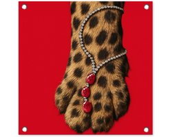Tuinposter 50x50 cm - Tuindecoratie Poot - Luipaard - Ketting - Edelstenen - Poster voor in de tuin - Buiten decoratie - Schutting tuinschilderij - Tuindoek muurdecoratie - Wanddecoratie balkondoek