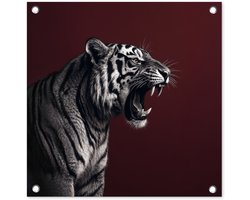 Tuinposter 50x50 cm - Tuindecoratie Tijger - Brult - Bordeaux - Poster voor in de tuin - Buiten decoratie - Schutting tuinschilderij - Tuindoek muurdecoratie - Wanddecoratie balkondoek
