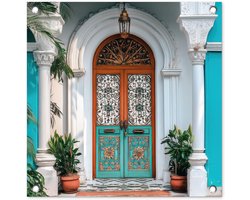 Tuinposter 50x50 cm - Tuindecoratie Zuilen - Sierlijke - Deur - Blauw - Poster voor in de tuin - Buiten decoratie - Schutting tuinschilderij - Tuindoek muurdecoratie - Wanddecoratie balkondoek