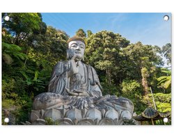 Tuinposter 60x40 cm - Tuindecoratie Boeddha beelden - Jungle - Buddha - Spiritualiteit - Mediteren - Poster voor in de tuin - Buiten decoratie - Schutting tuinschilderij - Tuindoek muurdecoratie - Wanddecoratie balkondoek