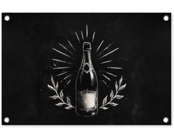Tuinposter 60x40 cm - Tuindecoratie Champagnefles - Lauriertakken - Zwarte achtergrond - Poster voor in de tuin - Buiten decoratie - Schutting tuinschilderij - Tuindoek muurdecoratie - Wanddecoratie balkondoek