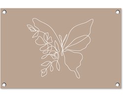 Tuinposter 60x40 cm - Tuindecoratie - Line Art - Vlinder - Bloemen - Vlinders - Taupe - Muurdecoratie voor buiten - Schutting decoratie - Tuin accessoires - Tuindoek - Buitenposter