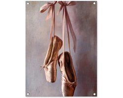 Tuinposter 60x80 cm - Tuindecoratie Balletschoenen - Satijn - Aardetinten - Poster voor in de tuin - Buiten decoratie - Schutting tuinschilderij - Tuindoek muurdecoratie - Wanddecoratie balkondoek