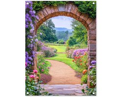 Tuinposter 60x80 cm - Tuindecoratie Doorkijk - Poort - Bloemen - Tuin - Poster voor in de tuin - Buiten decoratie - Schutting tuinschilderij - Tuindoek muurdecoratie - Wanddecoratie balkondoek