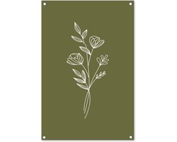 Tuinposter 60x90 cm - Tuindecoratie - Line Art - Bloemen - Tekening - Groen - Muurdecoratie voor buiten - Schutting decoratie - Tuin accessoires - Tuindoek - Buitenposter