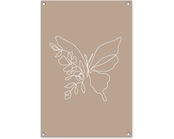Tuinposter 60x90 cm - Tuindecoratie - Line Art - Vlinder - Bloemen - Vlinders - Taupe - Muurdecoratie voor buiten - Schutting decoratie - Tuin accessoires - Tuindoek - Buitenposter