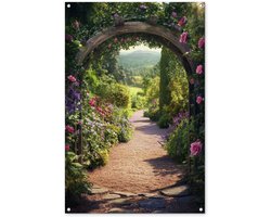 Tuinposter 80x120 cm - Tuindecoratie Doorkijk - Bloemen - Natuur - Rozenboog - Poster voor in de tuin - Buiten decoratie - Schutting tuinschilderij - Tuindoek muurdecoratie - Wanddecoratie balkondoek