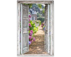Tuinposter 80x120 cm - Tuindecoratie Doorkijk - Hortensia - Bloemen - Poster voor in de tuin - Buiten decoratie - Schutting tuinschilderij - Tuindoek muurdecoratie - Wanddecoratie balkondoek