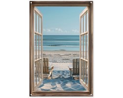Tuinposter 80x120 cm - Tuindecoratie Doorkijk - Strandstoelen - Duinen - Zee - Natuur - Poster voor in de tuin - Buiten decoratie - Schutting tuinschilderij - Tuindoek muurdecoratie - Wanddecoratie balkondoek