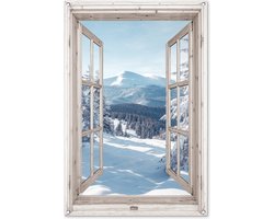 Tuinposter 80x120 cm - Tuindecoratie Doorkijk - Winter - Landschap - Natuur - Berg - Bomen - Wit - Poster voor in de tuin - Buiten decoratie - Schutting tuinschilderij - Tuindoek muurdecoratie - Wanddecoratie balkondoek