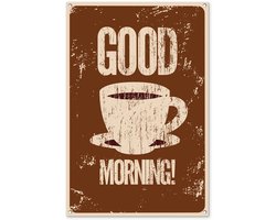 Tuinposter 80x120 cm - Tuindecoratie Vintage - Good morning! - Koffie - Quotes - Spreuken - Poster voor in de tuin - Buiten decoratie - Schutting tuinschilderij - Tuindoek muurdecoratie - Wanddecoratie balkondoek