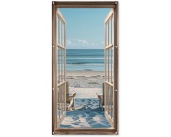 Tuinposter 80x160 cm - Tuindecoratie Doorkijk - Strandstoelen - Duinen - Zee - Natuur - Poster voor in de tuin - Buiten decoratie - Schutting tuinschilderij - Tuindoek muurdecoratie - Wanddecoratie balkondoek
