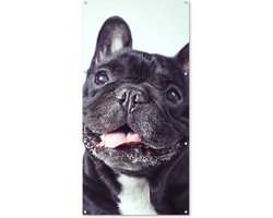 Tuinposter 80x160 cm - Tuindecoratie Franse Bulldog - Zwart - Stoel - Poster voor in de tuin - Buiten decoratie - Schutting tuinschilderij - Tuindoek muurdecoratie - Wanddecoratie balkondoek