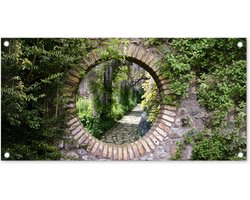 Tuinposter 80x40 cm - Tuindecoratie Bos - Stenen - Doorkijk - Pad - Blauwe regen - Poster voor in de tuin - Buiten decoratie - Schutting tuinschilderij - Tuindoek muurdecoratie - Wanddecoratie balkondoek