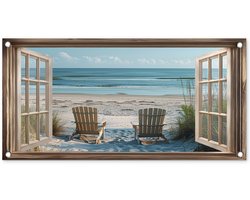 Tuinposter 80x40 cm - Tuindecoratie Doorkijk - Strandstoelen - Duinen - Zee - Natuur - Poster voor in de tuin - Buiten decoratie - Schutting tuinschilderij - Tuindoek muurdecoratie - Wanddecoratie balkondoek