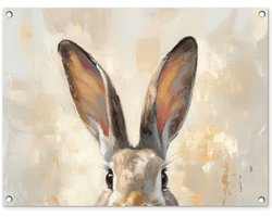 Tuinposter 80x60 cm - Tuindecoratie Haas - Oren - Bruin - Poster voor in de tuin - Buiten decoratie - Schutting tuinschilderij - Tuindoek muurdecoratie - Wanddecoratie balkondoek - Pasen - Paasdecoratie - Paas versiering