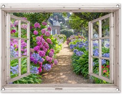 Tuinposter 80x60 cm - Tuindecoratie Hortensia - Doorkijk - Bloemen - Zomer - Paars - Pad - Poster voor in de tuin - Buiten decoratie - Schutting tuinschilderij - Tuindoek muurdecoratie - Wanddecoratie balkondoek