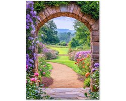 Tuinposter 90x120 cm - Tuindecoratie Doorkijk - Poort - Bloemen - Tuin - Poster voor in de tuin - Buiten decoratie - Schutting tuinschilderij - Tuindoek muurdecoratie - Wanddecoratie balkondoek