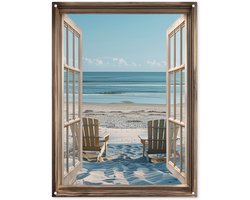 Tuinposter 90x120 cm - Tuindecoratie Doorkijk - Strandstoelen - Duinen - Zee - Natuur - Poster voor in de tuin - Buiten decoratie - Schutting tuinschilderij - Tuindoek muurdecoratie - Wanddecoratie balkondoek