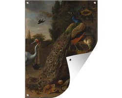 Tuinposter 90x120 cm - Tuindecoratie Pauw - Otto Marseus van Schrieck - Poster voor in de tuin - Buiten decoratie - Schutting tuinschilderij - Tuindoek muurdecoratie - Wanddecoratie balkondoek