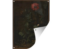 Tuinposter 90x120 cm - Tuindecoratie Stilleven met papaver - Otto Marseus van Schrieck - Poster voor in de tuin - Buiten decoratie - Schutting tuinschilderij - Tuindoek muurdecoratie - Wanddecoratie balkondoek