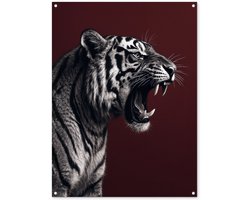 Tuinposter 90x120 cm - Tuindecoratie Tijger - Brult - Bordeaux - Poster voor in de tuin - Buiten decoratie - Schutting tuinschilderij - Tuindoek muurdecoratie - Wanddecoratie balkondoek