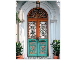 Tuinposter 90x120 cm - Tuindecoratie Zuilen - Sierlijke - Deur - Blauw - Poster voor in de tuin - Buiten decoratie - Schutting tuinschilderij - Tuindoek muurdecoratie - Wanddecoratie balkondoek