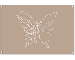 Tuinposter 90x60 cm - Tuindecoratie - Line Art - Vlinder - Bloemen - Vlinders - Taupe - Muurdecoratie voor buiten - Schutting decoratie - Tuin accessoires - Tuindoek - Buitenposter