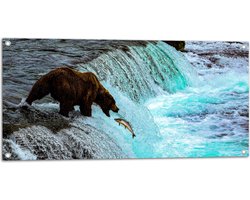 Tuinposter – Bruine Beer Happend naar Vis bij een Rivier met Waterval - 100x50 cm Foto op Tuinposter (wanddecoratie voor buiten en binnen)