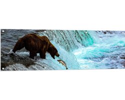 Tuinposter – Bruine Beer Happend naar Vis bij een Rivier met Waterval - 150x50 cm Foto op Tuinposter (wanddecoratie voor buiten en binnen)